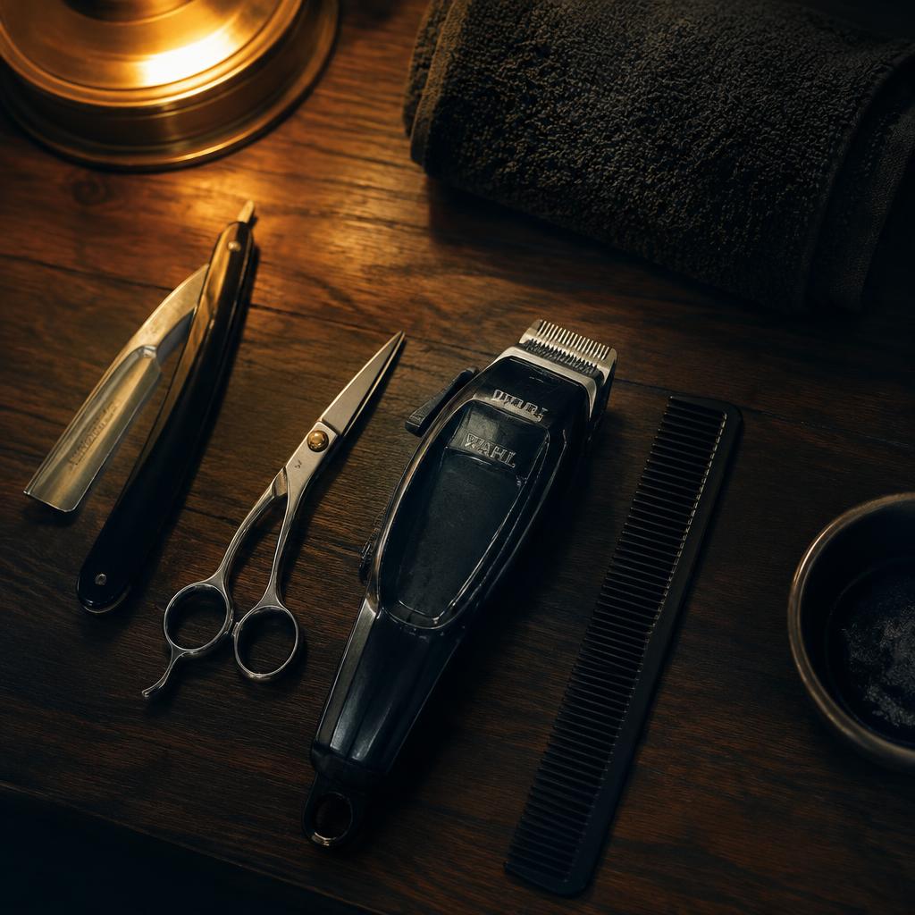 Clippers, scissors and combs laid out at a barber station