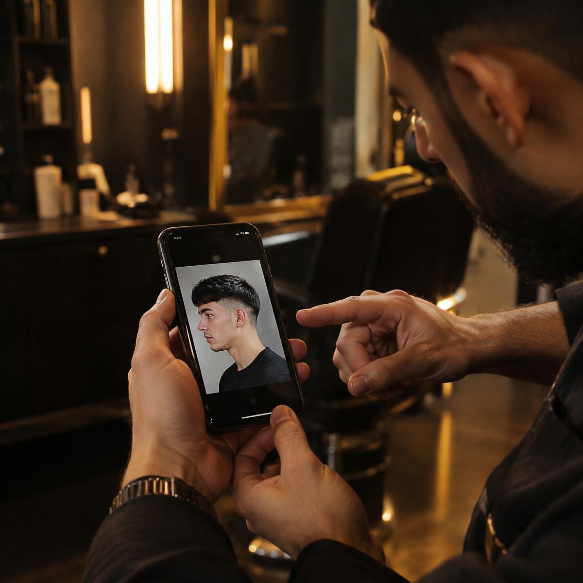 Client showing a reference photo to a barber