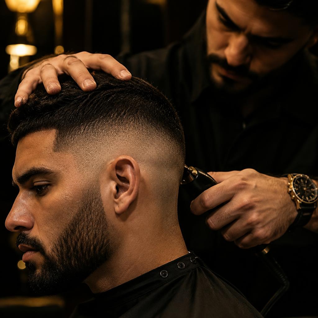 Barber finishing a skin fade at AJ's Barber Room in East Orlando